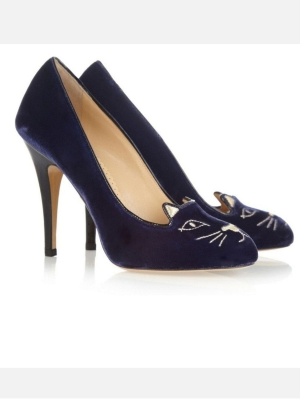 Charlotte Olympia Kitty Cat Embroidered Velvet Pump Black Gold Size 36/6